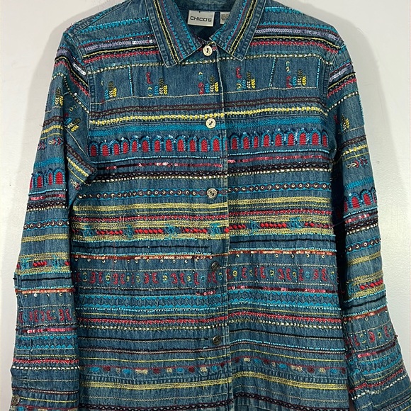 Chico's Jackets & Blazers - Chicos, medium, embroidered, sequined and beaded denim jacket,chicos size 1